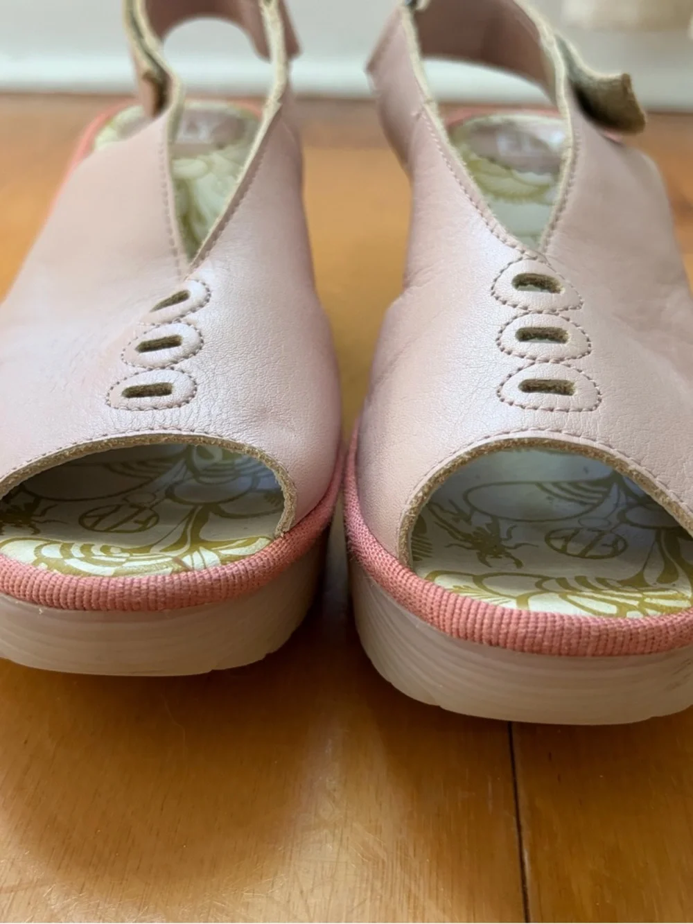 Fly London Yeay Rose Pink Leather Wedge Sandals Peep Toe Slingback Size 39 - Picture 5 of 9